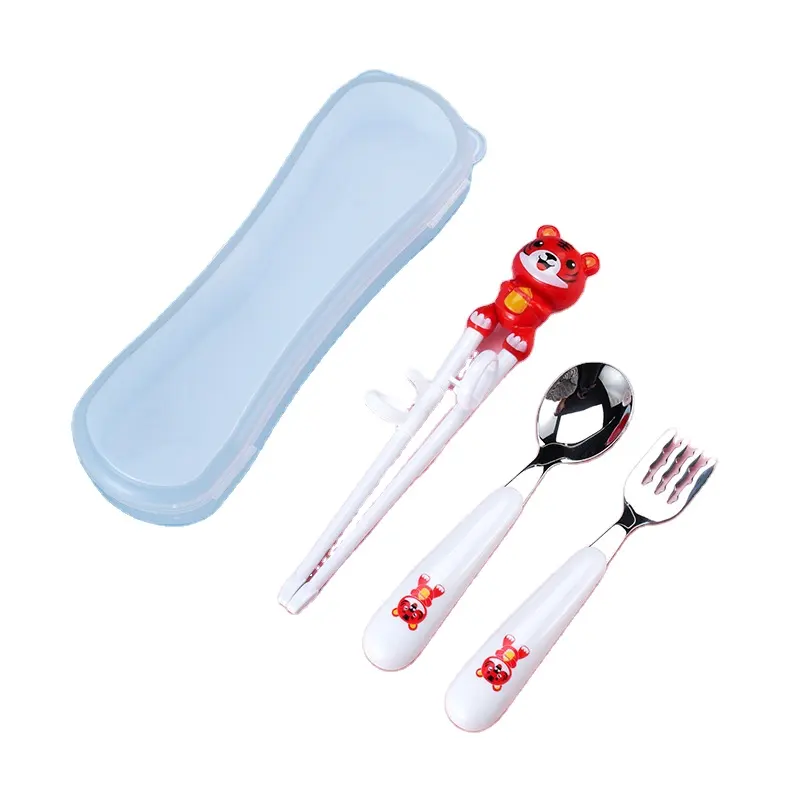 Set Sumpit dan sendok untuk anak-anak, sumpit plastik portabel kucing lucu untuk belajar anak-anak