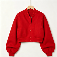 Blouson Bomber Varsity Court en Mélange de Laine Enduit, Col Montant, Fermeture Éclair, Coupe Oversize Ample, Style Vintage, Coupe-Vent Printanier