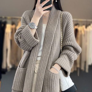 Cardigan lavorato a maglia da <span class=keywords><strong>donna</strong></span> <span class=keywords><strong>autunno</strong></span> <span class=keywords><strong>inverno</strong></span> cappotto di lana con bottone lungo largo Top Plus Size semplice stile Casual caldo solido - Product Image 3