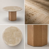 Table à manger 4 places en marbre travertin naturel, base en placage de chêne, style moderne minimaliste, pour hôtel, mobilier de salle à manger, personnalisable
