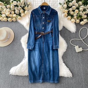 Stile retrò monopetto con risvolto a maniche lunghe Denim abito da donna nuova cintura in vita Cinching gonna lunga dimagrante - Product Image 2