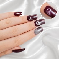 Faux ongles magnétiques œil de chat bordeaux à presser, forme ballerine, pour carnations foncées, marque privée, vente en gros