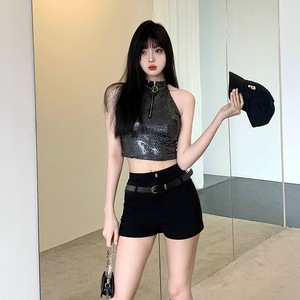Completo Due Pezzi da <span class=keywords><strong>Donna</strong></span> Trendy: Top con Paillettes e Shorts Neri Sexy a Vita Alta, Aderenti e Snellenti, Stile Spice Girls - Product Image 3