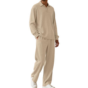 Conjunto de Polo para Hombre, Color Sólido, Textura Jacquard, Manga Larga, Pantalones, Ropa Casual, Color Caqui, Azul Claro, Gris, Negro, Fibra de Poliéster DF-157168 - Product Image 5