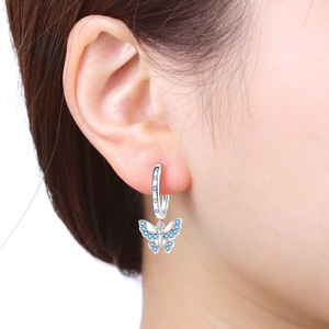 White brass butterfly <b>earrings</b>, set with blue crystal rhinestones, <b>cute</b> and fashionable pendant <b>earrings</b> for women, jewelry gift - Product Image 3