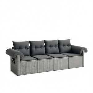 Grey Pe <b>Rattan</b> Garden <b>Sofa</b> Three Seat Adjustable Armrests Outdoor Furniture Contemporary Design - Product Image 1