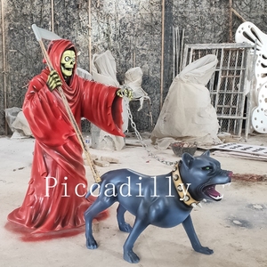 Santa Muerte En Fiber De Verre Finition Faucheuse avec Statue de chien pour la décoration Extérieure - Product Image 1