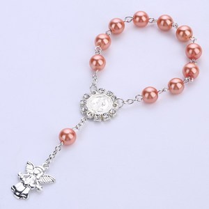 Venta caliente Favor DE BODA religioso Bebé Bautismo Cruz Rosario Ángel Corazón 8mm Perla de cristal Rosario Pulsera - Product Image 2