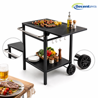 Chariot de service pour barbecue à deux niveaux, avec roulettes, feuille d'extension pliable, crochets en S, barre porte-serviettes chromée et grandes roues