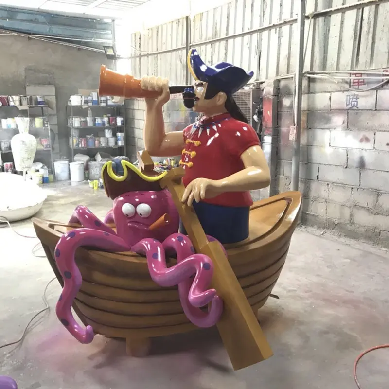 Fiberglass Cartoon Pirate Ship Outdoor Sea Thief Figure Statue Custom Factory Animal Octopus Model Octopus Squid Resin Ornaments