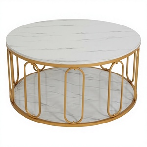 Mesa de Centro Redonda con Acabado de Mármol Blanco y Dorado - Product Image 3