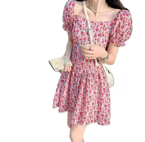 Summer new fashion bubble sleeve casual dresses sweet lovely high waist girl dress sen department square collar floral dress