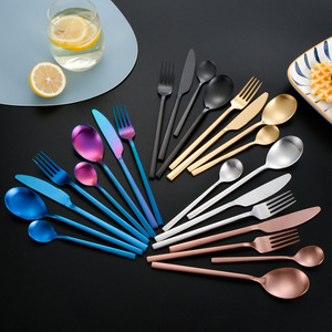 Stainless Steel Korean Style <b>Square</b> Handle Knife Fork Spoon <b>Set</b> Matte Brushed Finish Durable Cutlery <b>Set</b> For Party Adult - Product Image 1