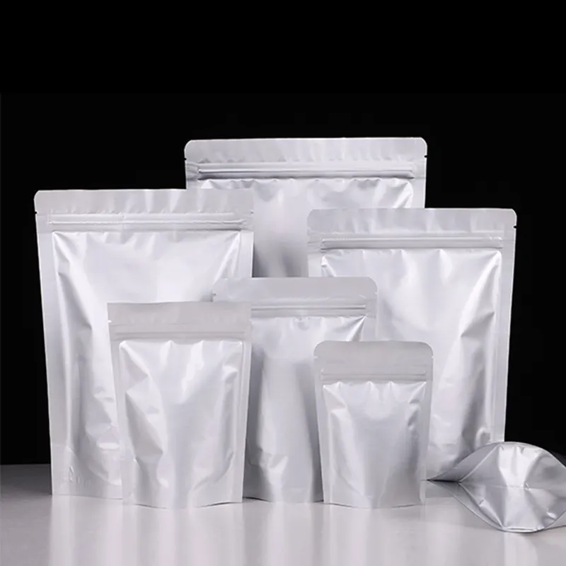 Reutilizável Resealable Ziplock Zipper Seal Food Storage Stand Up Pouch Silver Vacuum Aluminum Foil Mylar Bags