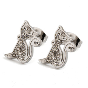 Cat <b>Stud</b> <b>Earrings</b> 304 Stainless Steel Rhinestone Inlay Animal Shape Gift For Women - Product Image 5