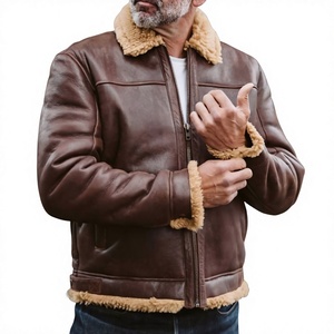 Blouson Bomber Homme en Cuir Véritable Imperméable avec Col Rabattable, Fermeture Éclair, Doublure en Fausse Fourrure Coupe-Vent, Vêtement d'Extérieur Hiver - Product Image 4
