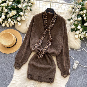 Abito Vintage da <span class=keywords><strong>Donna</strong></span> Elegante a Maglione <span class=keywords><strong>Corto</strong></span> Pullover con Scollo a V Laccio Manica Lunga e Cintura in Vita - Product Image 5