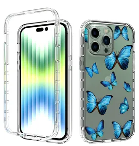 360 Full Body 2 In 1 Bloem Gedrukt Kleur Zachte Tpu Met Pc Front Frame Back Cover Phone Case Voor iphone 14 Pro Max 6.7 "Gevallen