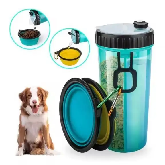Unial Pet fornisce contenitore per alimenti a doppia camera con Design ad acqua borraccia per cani portatile in plastica 2-in-1 che trasporta una piccola ciotola