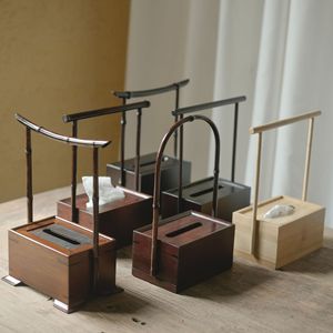 Caja de pañuelos de bambú con asa, forma rectangular, para sala de té, caja de almacenamiento estilo Zen chino retro, pañuelos extraíbles - Product Image 1