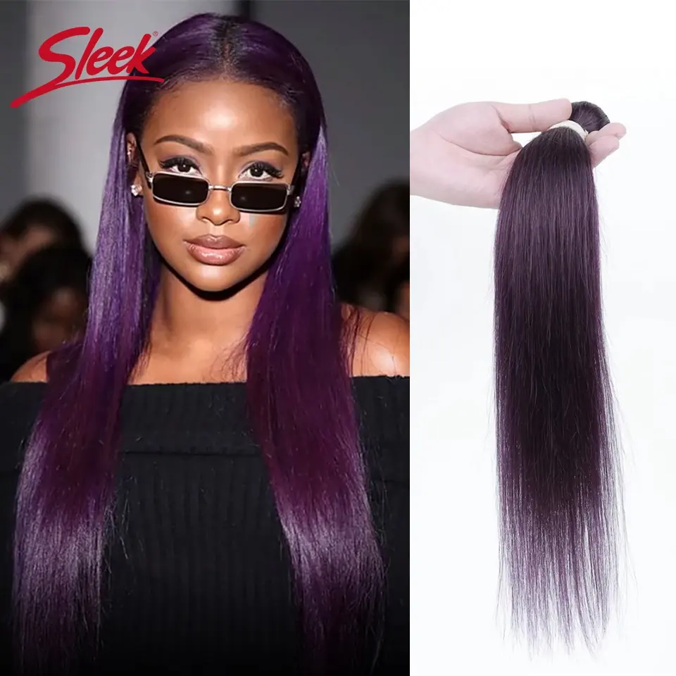 Sleek Brazilian Straight Hair Bundles Natural Purple Straight Weave Remy cuticle aligned Human Hair Bundles Deal For Black Women