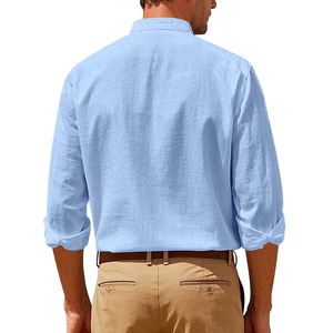 Chemise en lin à manches longues pour homme, col montant, couleur unie, style chinois décontracté, nouvelle collection, chemise boutonnée à manches complètes - Product Image 1