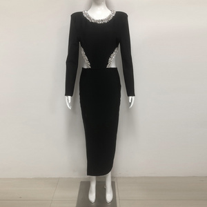 Yüksek kalite kadınlar konfeksiyon üreticisi siyah Rhinestone kesme kulübü abiye uzun kollu Maxi parti resmi elbise - Product Image 2