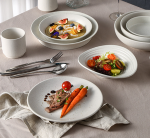 Service de table en céramique mouchetée style nordique minimaliste, assiettes et bols en grès blanc, passe au lave-vaisselle, design d'assiette plate - Product Image 1
