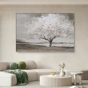 <span class=keywords><strong>Tableau</strong></span> mural sur toile semi-peint à la main, motif <span class=keywords><strong>arbre</strong></span> <span class=keywords><strong>en</strong></span> fleurs, avec cadre <span class=keywords><strong>en</strong></span> bois intégré, peinture décorative aux tons neutres - Product Image 4