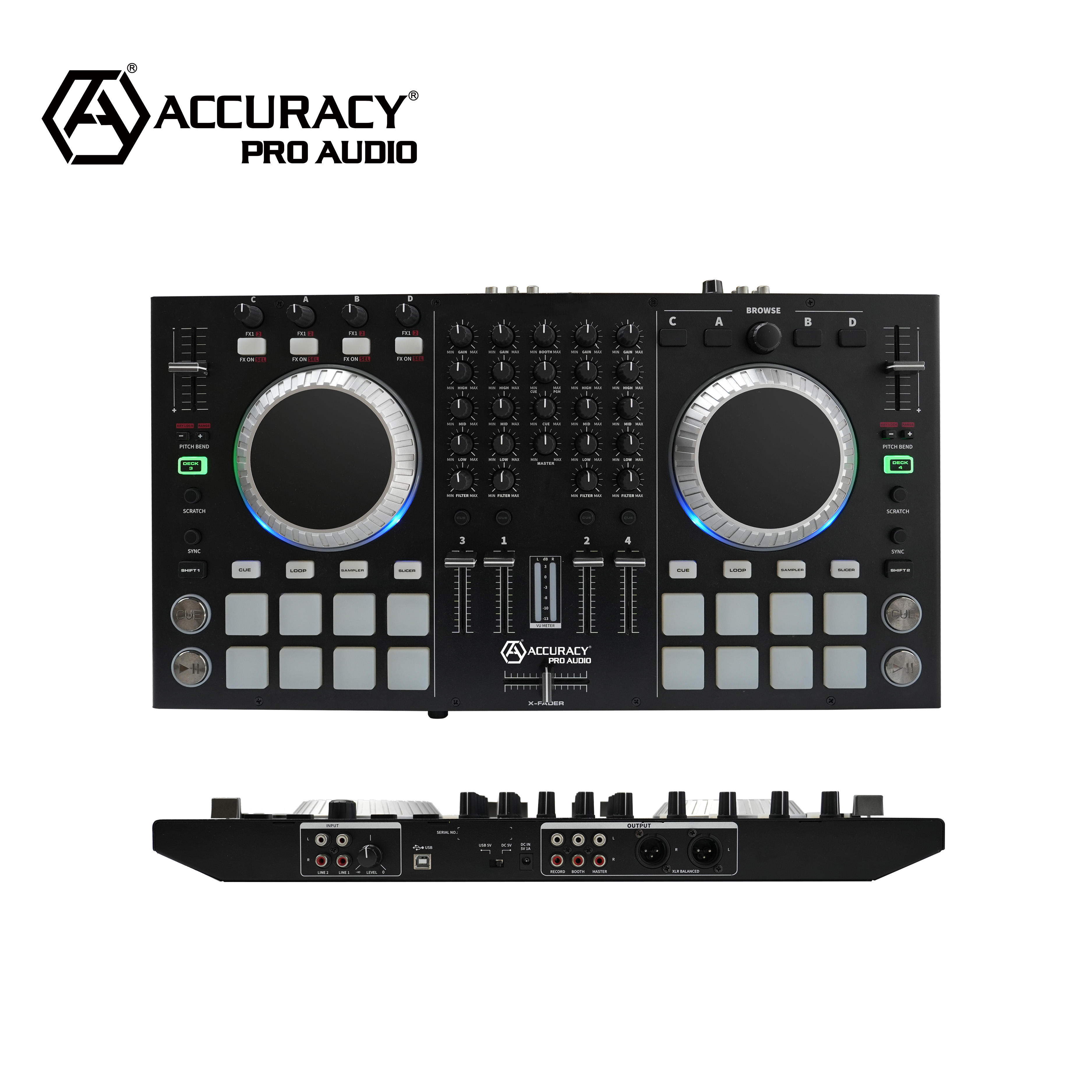 Accuracy Pro Audio MIDI-1311 4-Channel DJ Controller for Virtual DJ  Software - Professional MIDI Mixer with Touch-Sensitive Platters, image size:3750x3750
