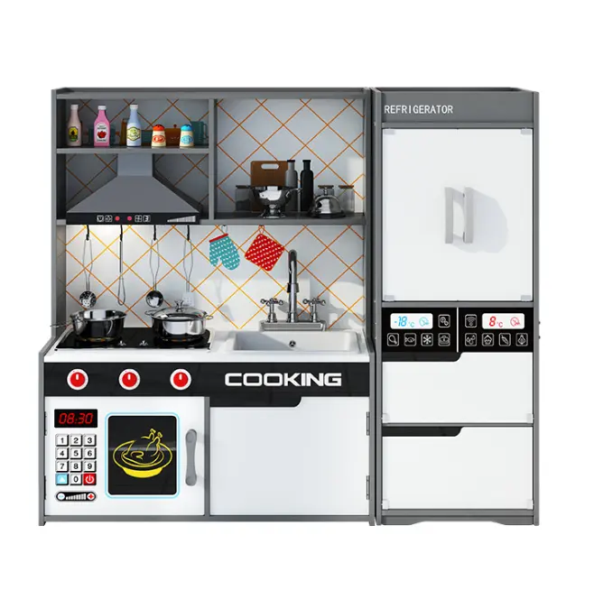 Yeni stil ahşap büyük buzdolabı mutfak oyuncaklar simüle indüksiyon ses ve hafif mutfak oyuncaklar simüle davlumbaz mutfak oyuncak