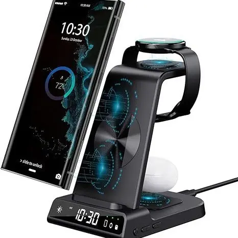 Chargeur sans fil 4 en 1 avec horloge numérique Station de charge sans fil pour iPhone 15/14/13/12/11 pour Apple Watch 8/7/6/5 Air Pods