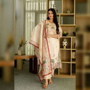 Conjunto de Duppata y Kurta de Seda de Assam y Viscosa Pura Radhe con Hermoso Bordado, Ropa Tradicional India y Pakistaní para Fiestas - Product Image 1