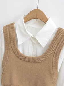 时尚女士休闲上衣翻下领长袖衬衫配针织裁剪上衣女士两件套 - Product Image 6