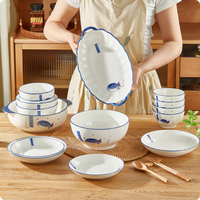 Service de vaisselle en porcelaine haute température, bleu et blanc, design classique japonais, personnalisable, compatible micro-ondes