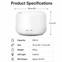 Diffuseur d'arômes blanc sans BPA de 500 ml, humidificateur à huile essentielle, brume fraîche, LED 7 couleurs, arrêt automatique, minuterie 1H/3H/6H, maison, bureau, spa