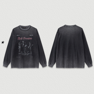 Camiseta Masculina Retro Preta Estilosa com Gola Redonda, Estampa Digital Desgastada, Estilo Heavy Metal Rock Band, Lavagem Ácida, Manga Longa para Homens - Product Image 2