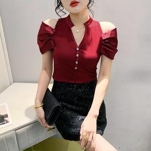 Nouveau T-<span class=keywords><strong>shirt</strong></span> d'été <span class=keywords><strong>original</strong></span> de créateur, <span class=keywords><strong>chic</strong></span>, à épaules dénudées, manches courtes, avec boucle et perles, élégant et tendance - Product Image 1