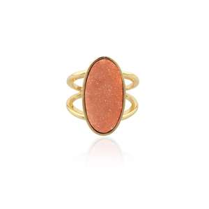 Bague ajustable plaquée or 18 carats avec pierre naturelle ovale en forme de druse de sucre étincelante, bijou artisanal pour cadeaux de mariage - Product Image 1