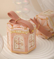 Boîte à dragées hexagonale de luxe rose avec poignée pour mariage, fête prénuptiale et fiançailles