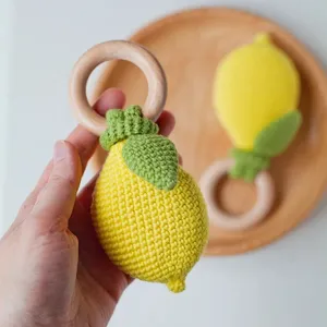 Customize Logo Handmade Amigurumi Crochet Baby Rattle Wood Teether Ring Lemon Rattle Teething Toy