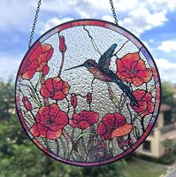 Ornement attrape-soleil en vitrail 8'' Colibri et coquelicots rouges pour décoration intérieure de fenêtre |   Cadeau pour les amateurs d'oiseaux de compagnie, fabriqué en Chine