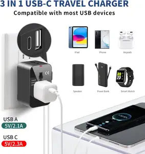 Adaptateur de voyage universel avec USB C-All-in-One Worldwide Wall Charger avec AC Power Plug Adapter pour USA EU UK AUS