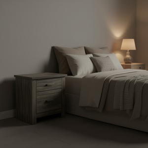 Comodino in rovere grigio con 2 cassetti, mobile moderno e minimalista per camera da letto - Product Image 2