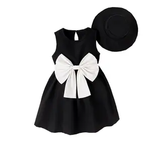 Prezzo all'ingrosso nuovi modelli bambini colore nero vestito moda senza maniche Bowknot vestito delle ragazze con cappello solido