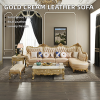 902 # Ensemble de canapés sectionnels en cuir véritable Golden Royal Cream, bois massif sculpté, style européen doré, meubles de salon