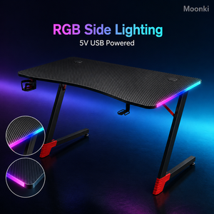 โต๊ะเล่นเกมโครงเหล็ก D2209 พร้อมไฟ RGB ด้านข้าง ที่วางแก้ว ที่แขวนหูฟัง สีดำ แดง ขาว - Product Image 2