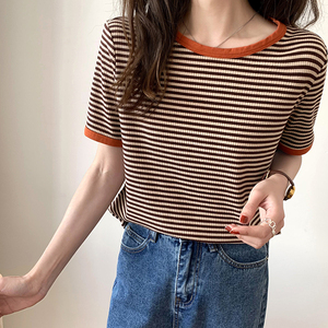 Maglietta donna coreana estate Vintage Patchwork a righe semplice Top sottile sottile Casual manica corta O collo Tee Shirt femminile - Product Image 1