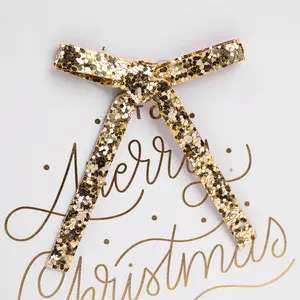 Best Wishes Fashionable And Elegant Gold Leather Bow Handmade Holiday Merry Christmas Greeting Cards With Envelopes