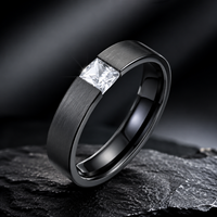 JLM Cincin Kawin Pria Baja Titanium Hitam, Cincin Pertunangan Pria dengan Permukaan Halus Bertatahkan Zirkonia Kubik Potongan Persegi